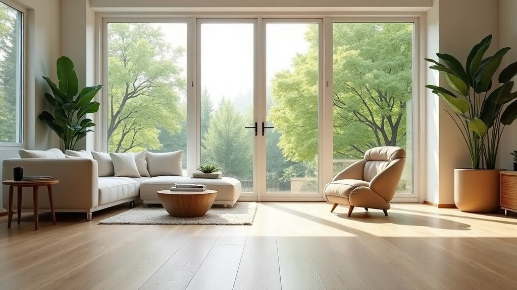 Bright airy Canadian living room with wide-plank flooring and houseplants